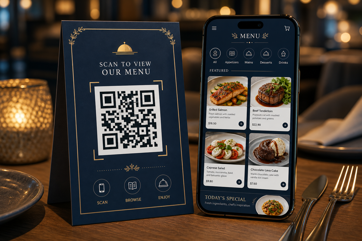 Restaurant masasında yemek ve dijital menü deneyimi