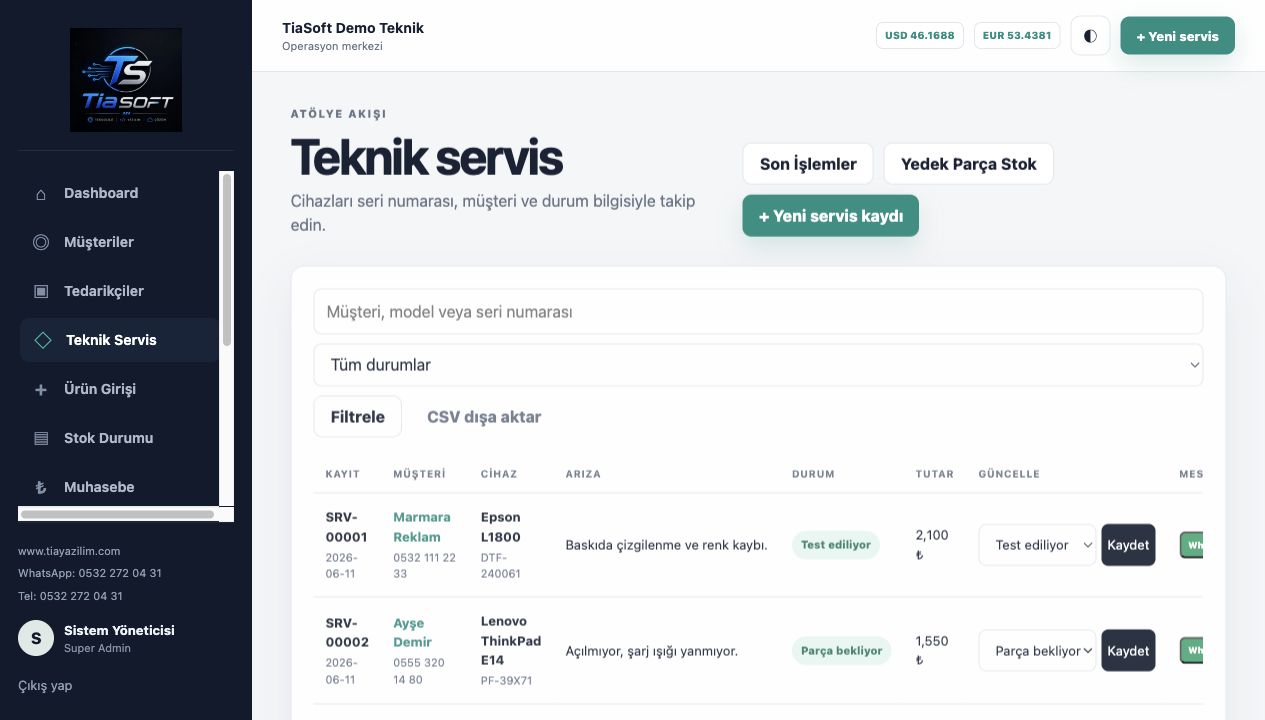 TiaSoft teknik servis takip paneli servis kayıt ve cihaz takibi ekranı